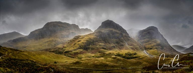 The Three Sisters mountains in Glencoe Scottish Highlands. Landscape photography workshop photograph taken in stormy weather 