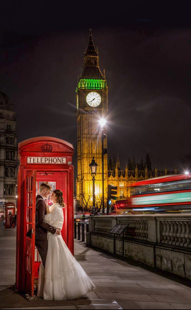 Bride and groom in Westminster London with Big ben and a red telephone box 