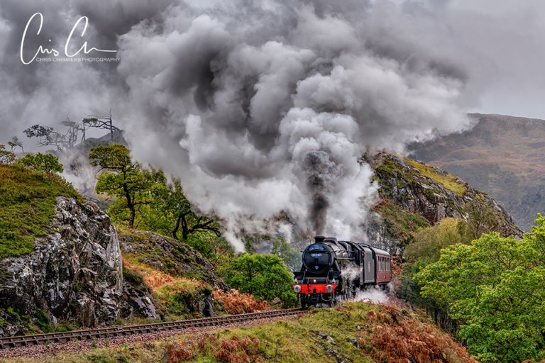 The Jacobite Express steam train after passing over the Glenfinnan Viaduct. Glencoe Scottish photography workshop